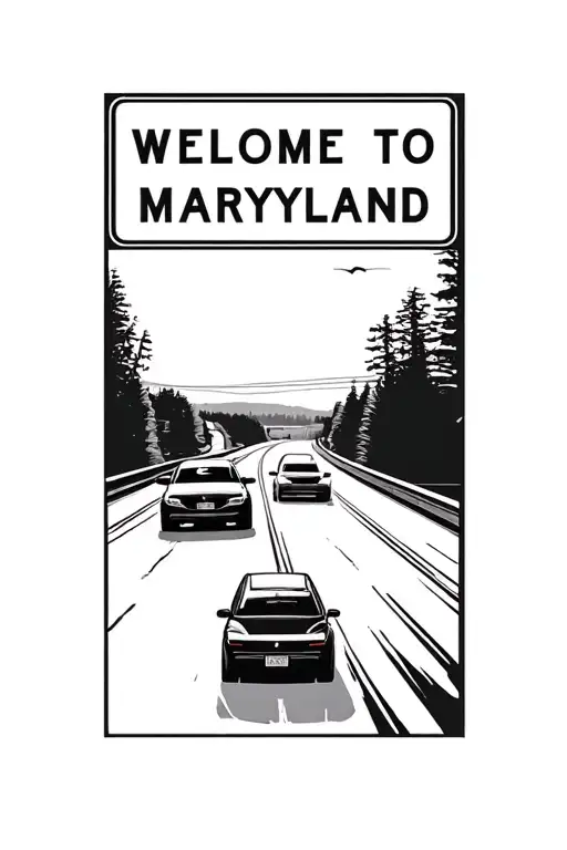 cars driving on the highway with a welcome to maryland sign tattoo design idea