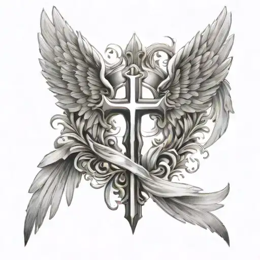 angel wings with Lorraine cross in the middle tattoo design idea