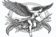woman with raven head and wings  flying surrounded by forest and sun tattoo design idea