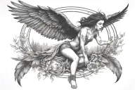 woman with raven head and wings  flying surrounded by forest and sun tattoo design idea