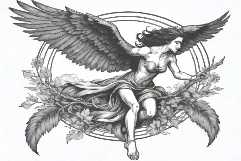 woman with raven head and wings  flying surrounded by forest and sun tattoo design idea