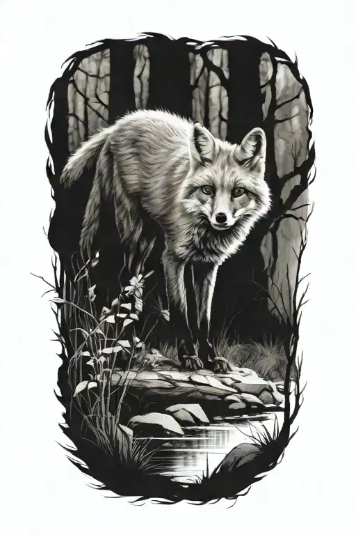 fox in woods tattoo design idea