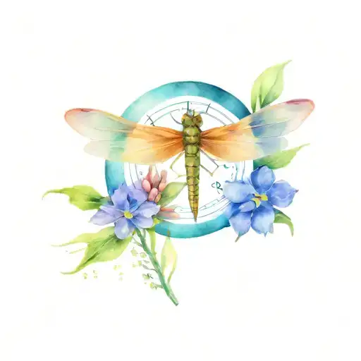 Compass Rose With A Dragonfly Perched On Top, Surrounded by forget me nots and stars tattoo design idea