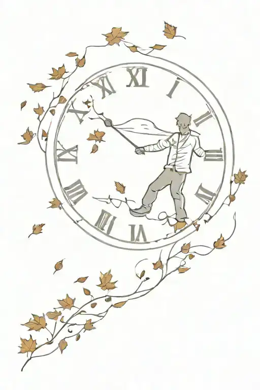 Falling Leaves and a Man: Show a silhouette of a man falling through a cascade of autumn leaves, with a clock in the bac tattoo design idea
