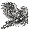 mexican eagle holding a snake perched on a rifle tattoo design idea