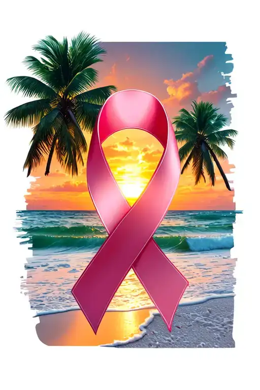 breast cancer ribbon with sunrise on the beach tattoo design idea
