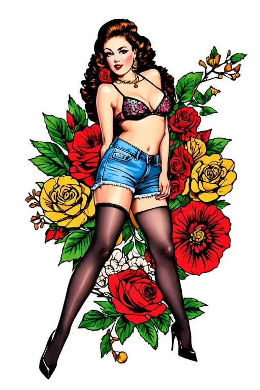 pin up girl wearing denim shorts, bikini top, black stockings and high heels standing no bckground tattoo design idea