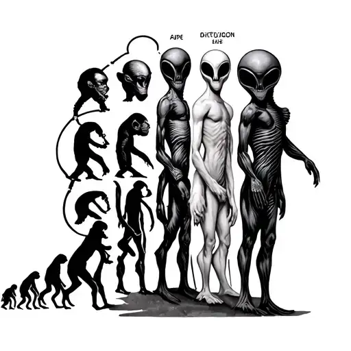 Evolutionary chart from ape to alien with an atom as background tattoo design idea