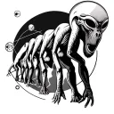 Evolutionary chart from ape to alien with an atom as background tattoo design idea