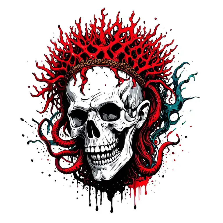 King Of Bones With A Coral Crown, Hades 2 Style, Eldritch, Tentacles, Lovecraftian, Deep Sea background, seaweeds tattoo design idea