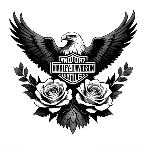 a black realistic Harley Davidson logo with two soft roses and a beautiful realism eagle tattoo design idea