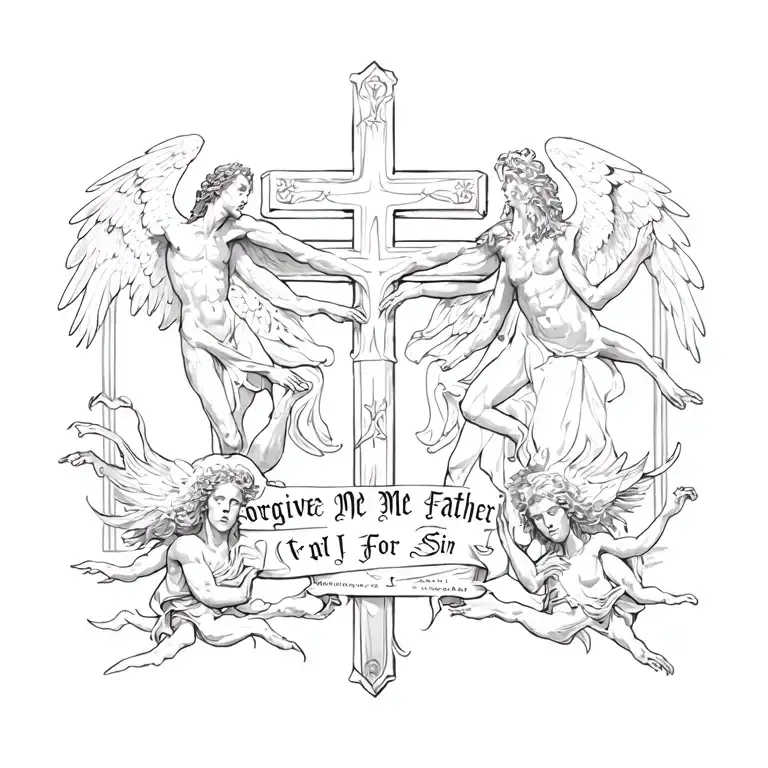 A cross in the middle with angels on one side and demons on the other with the phrase "Forgive Me Father For I Sin"  tattoo design idea