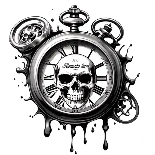 real melting pocketwatch, with the words memento mori and a skull design within the melting pocketwatch realistic  tattoo design idea