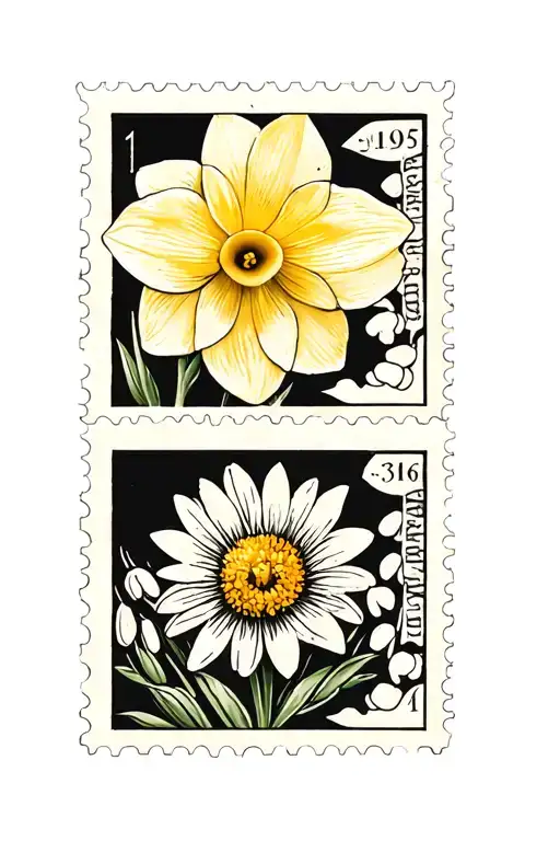 3 postage stamps one has a daffodil and one has a daisy and one has a lily of the Valley tattoo design idea
