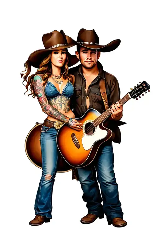 cowboy and cowgirl with guitar made tattoo design idea