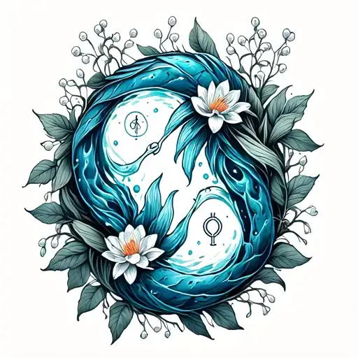 Aquarius and Pisces constellation intertwined vines surrounded by water and lily of the valley and zodiac symbols tattoo design idea