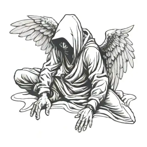 angel with wings with one knee on the ground, who wears a hood hiding his face and he looks at the ground tattoo design idea