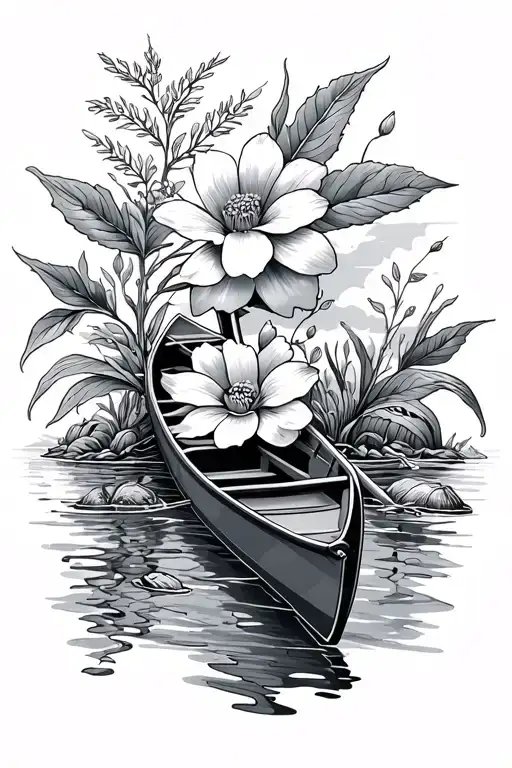 nature, canoe, flower but fine line and sophisticated like an aerial top view perspective  tattoo design idea