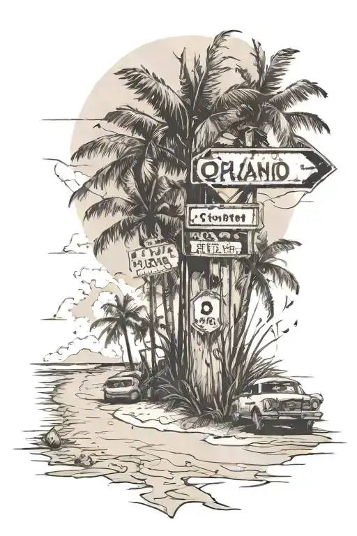 beach themed tattoo. i want an intersection with a bigish crossing sign says " orlando ave." and "shawne pl" tattoo design idea