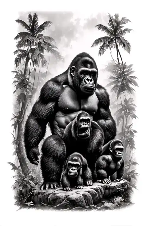 Realistic tattoo design for the entire leg, of a gorilla family, realism, on the thigh the father gorilla, furious, on t tattoo design idea