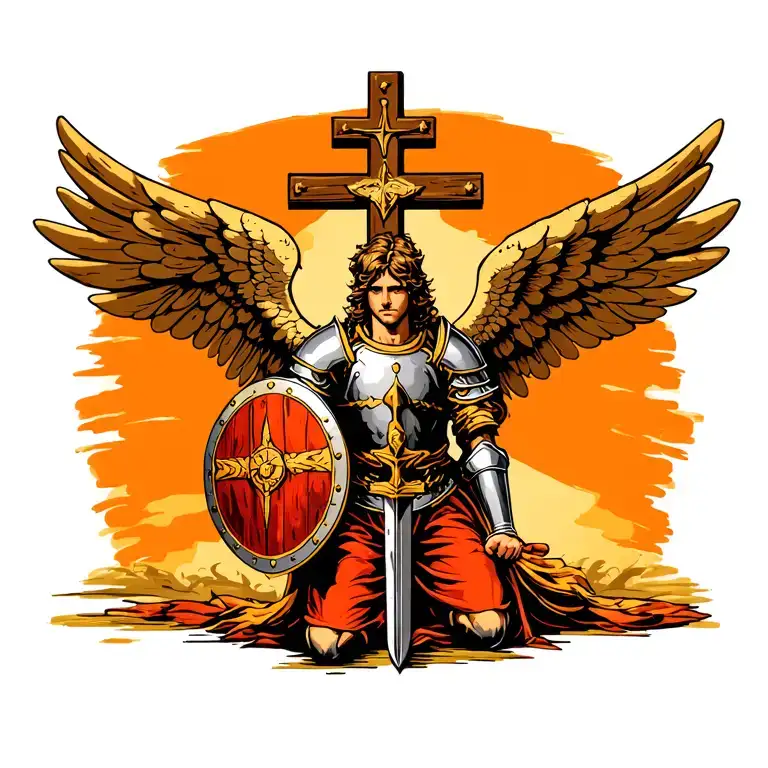 angel in full armor holding sword and shield kneeling in front of a cross tattoo design idea