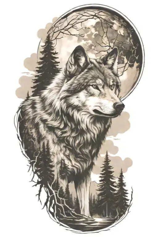 wolf  and woods and mountains tattoo design idea
