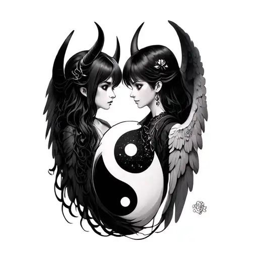 demon anime girl And angel anime girl ying yang tattoo design idea