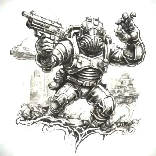 bioshock style battle scene World tattoo design idea