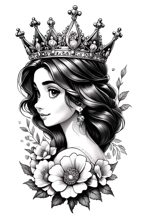 Disney princess crown surrounded by bold flowers tattoo design idea