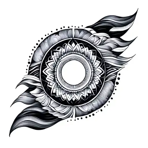 geometric tattoo, ocean waves merging with concentric mandala patterns, abstract sacred geometry, balance and depth tattoo design idea