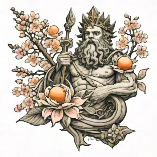 King Neptune statute with cherry blossoms, orange blossoms, and buckeyes tattoo design idea