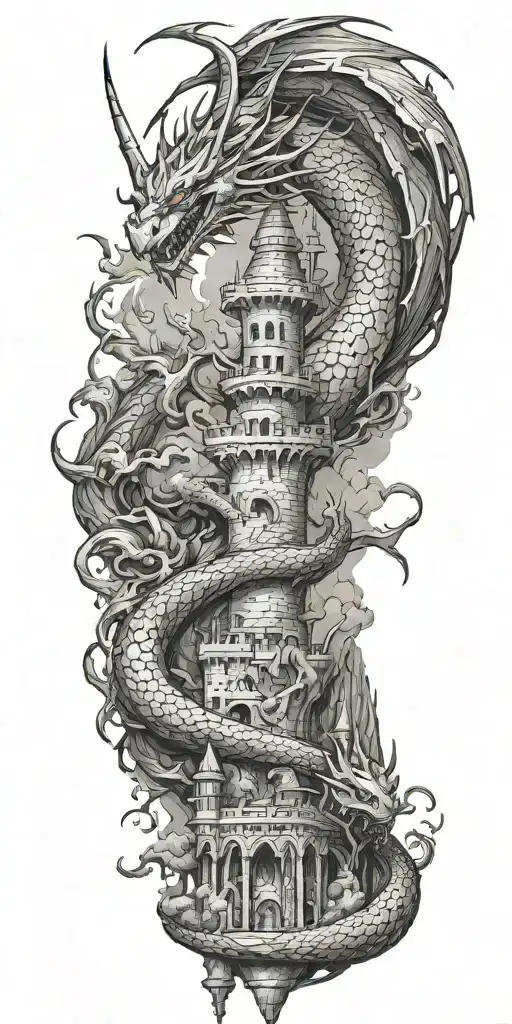 fantasy dragon and castle, sword tattoo design idea