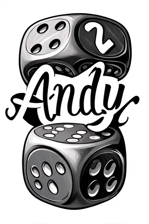 Andy Name wrote in cursive with 2 dice set tattoo design idea