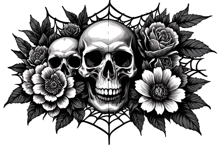 spider web & flowers & skulls surrounded tattoo design idea