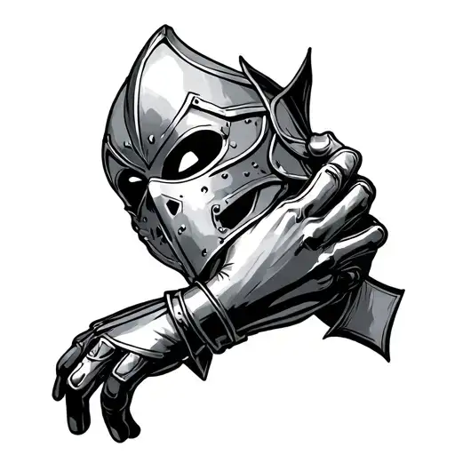 knight glove holding a jesture mask tattoo design idea