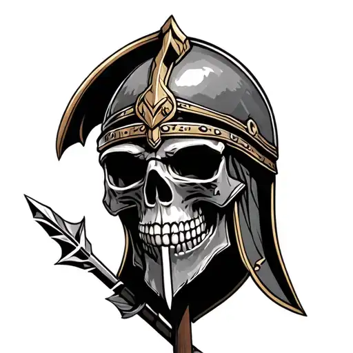 skull with trojan helmet on spear piercing tattoo design idea