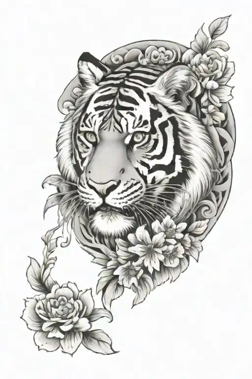 Tiger and japanese flowers with a mandala design incorporating tattoo design idea