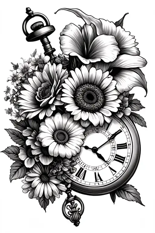 calla lily, gerbera daisy, roses, bluebonnet, daisies, carnations, forget me not flowers, sunflowers, old pocket watch tattoo design idea