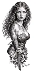 Celtic woman posing holding a sword  surrounded in a circle of roses tattoo design idea