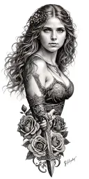Celtic woman posing holding a sword  surrounded in a circle of roses tattoo design idea