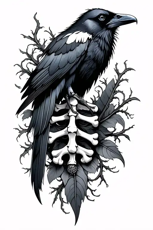 bones, raven feathers, thorny vines, gothic and Victorian tattoo design idea