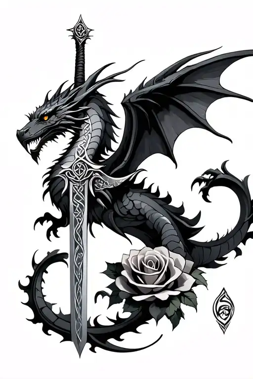abstract celtic dragon, spread wings, sword, roses tattoo design idea