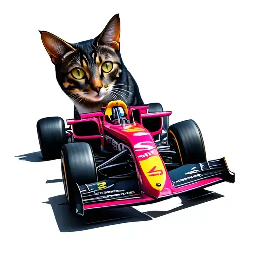cat with formula 1 car racing tattoo design idea