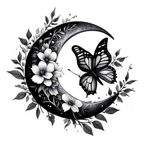 Crescent moon with flowers and a butterfly tattoo design idea
