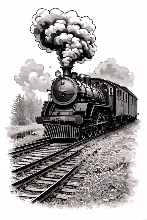 An old steam train, travelling left along tracks with steam billowing out of its chimney. Above it, a transition to a ro tattoo design idea