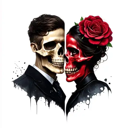 SKULL HALF HER HALF HIM ,TRUE LOVE COUPLES tattoo design idea