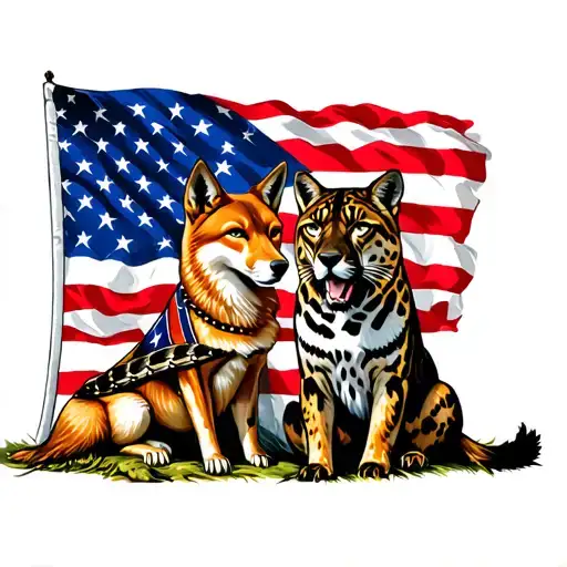 American flag confederate flag and don't tread on me flag with a coyote and a panther sitting next to each other tattoo design idea
