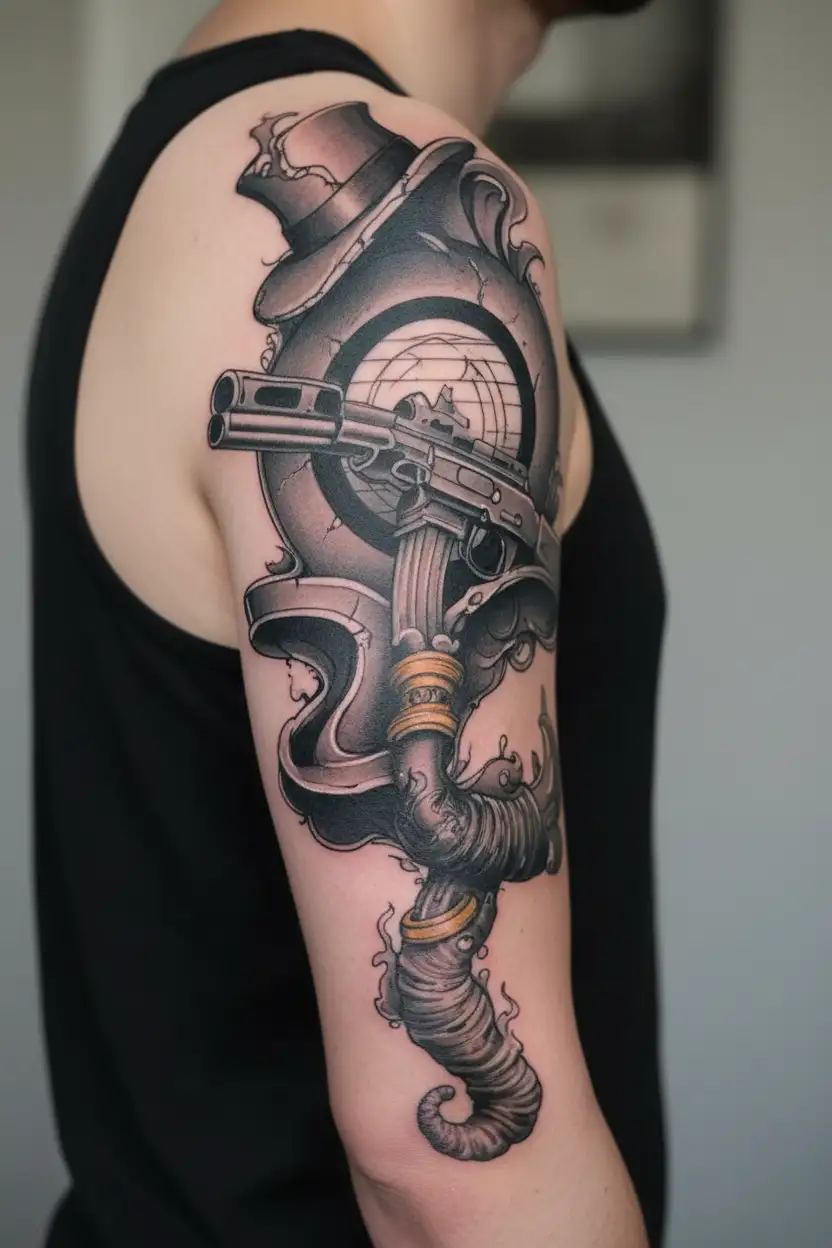 Richardson Graffiti in stone incorporated into it AK-47 Smoking gun with banana clip  tattoo design idea