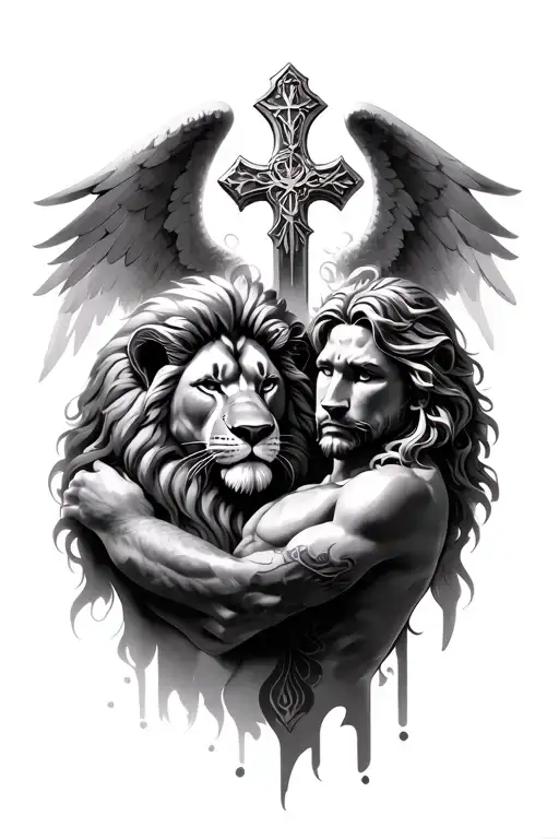 Angel, Cross, Lion Face, God Ares holding each other tattoo design idea