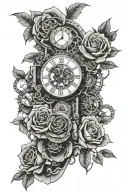 a full arm sleeve with 2 clock faces over gears and roses, fading into a metal gear solid theme. tattoo design idea